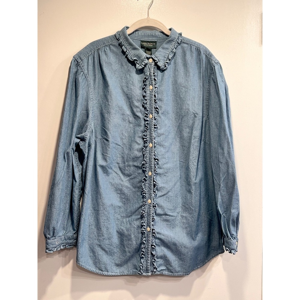 Lauren Ralph Lauren Denim Ruffle Shirt Womens 2X Blue Cotton Long Sleeve Blouse - Picture 2 of 13